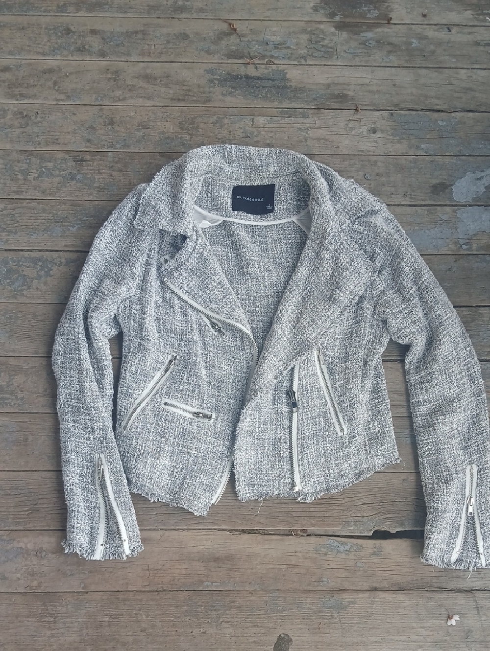 OliviaciousTextured Gray Tweed Moto Jacket Raw Sleeves And Hem